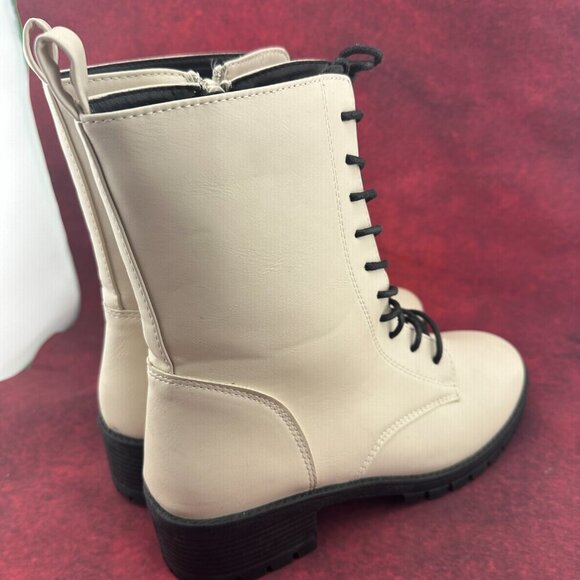 SHELN COMBAT BOOTS LUG SOLE IVORY, MID-CALF, LACE-UP, ZIPPER, BLOCK HEEL, SIZE 9 - Picture 5 of 10